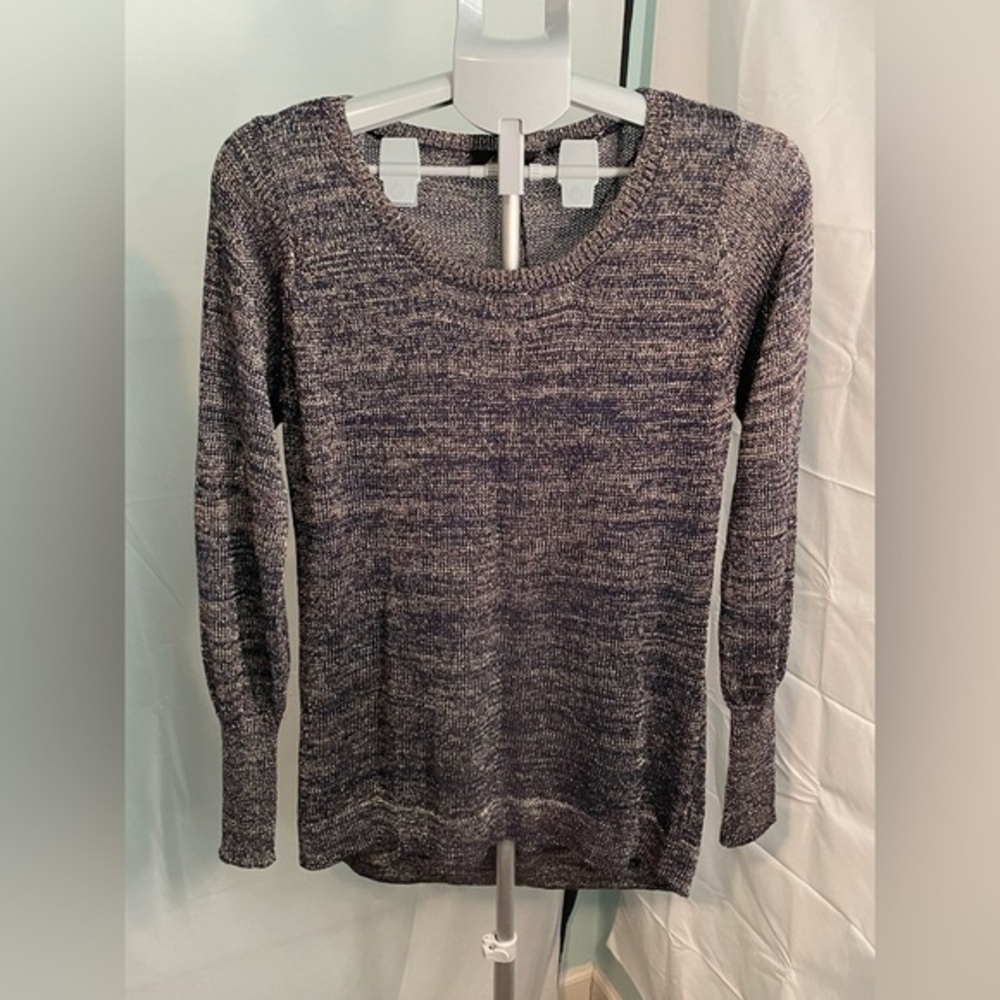 Gyn Metallic Shimmer Knit Sweater Womens Medium Navy Blue Gold Scoop Neck Ribbed